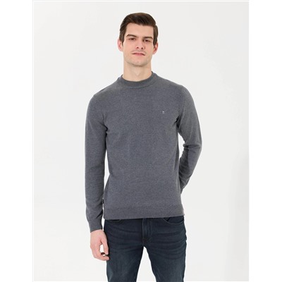 Antrasit Melanj Slim Fit Çeyrek Yaka Basic Triko Kazak