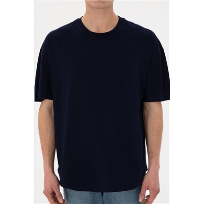 Erkek Long Fit Bisiklet Yaka Lacivert Basic Tişört