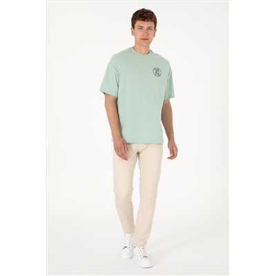 Erkek Oversize Fit Bisiklet Yaka Su Yeşili Tişört