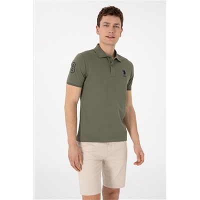 Erkek Slim Fit Polo Yaka Koyu Haki Basic Tişört