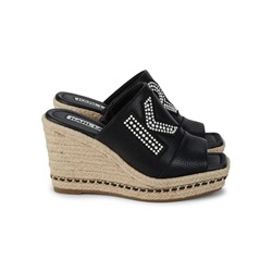 KARL LAGERFELD PARIS Cree Leather & Raffia Wedge Mules