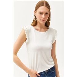 Olalook, Kadın Ekru Kolu Fırfırlı Sırtı Bağlamalı Örme Viskon Bluz BLZ-19002555