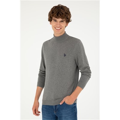 Erkek Slim Fit Yarım Boğazlı Gri Melanj Basic Kazak