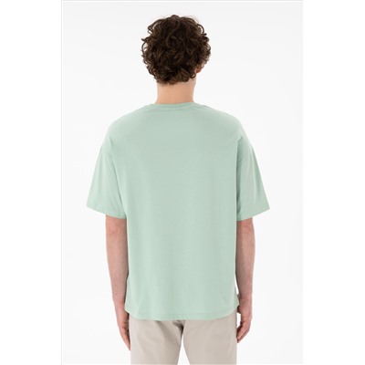 Erkek Oversize Fit Bisiklet Yaka Su Yeşili Tişört