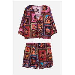Çok Renkli Tropikal Desenli Bağlama Detaylı Beachwear Büyük Beden Alt-Üst Takım TBBSS25CP00001