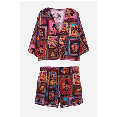 Çok Renkli Tropikal Desenli Bağlama Detaylı Beachwear Büyük Beden Alt-Üst Takım TBBSS25CP00001