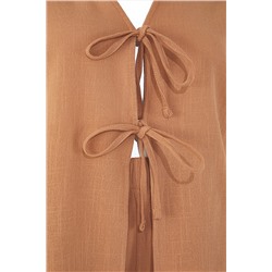 Kahverengi V Yaka Bağlama Detaylı Pamuk Flam Beachwear Büyük Beden Alt-Üst Takım TBBSS25CP00012