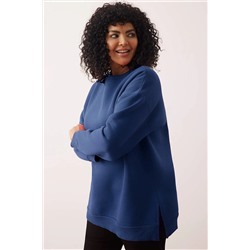Indigo Kalın İçi Polarlı Yırtmaçlı Oversize/Bol Kesim Örme Büyük Beden Sweatshirt TBBAW24AO00003