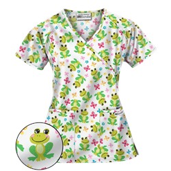 UA Froggy Bliss White Mock Wrap Print Scrub Top