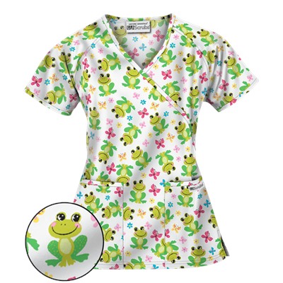 UA Froggy Bliss White Mock Wrap Print Scrub Top