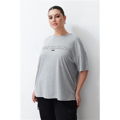 Gri Melanj Baskılı Oversize %100 Pamuk Örme T-shirt TBBSS24BF00020