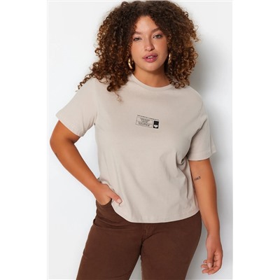 Bej Bisiklet Yaka Baskılı %100 Pamuk Örme T-Shirt TBBSS23BF00027