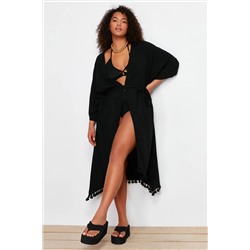 Siyah Etek Ucu Püsküllü Viskon Plaj Giyim Dokuma Büyük Beden Kimono&Kaftan TBBSS24DE00002