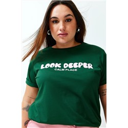 Koyu Yeşil Slogan Baskılı Boyfriend %100 Pamuk Örme Büyük Beden T-shirt TBBSS24BF00036
