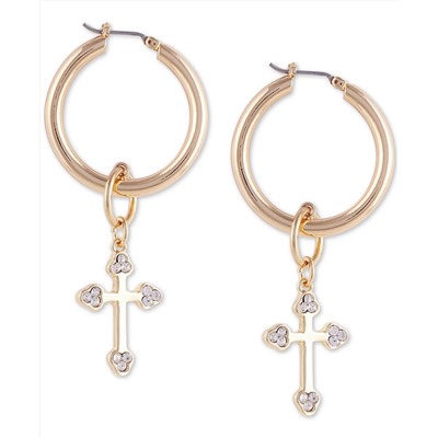 GUESS Medium Gold-Tone Crystal Cross Charm Hoop Earrings 1.5"