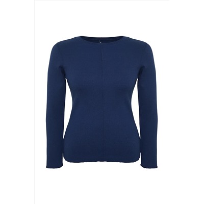 Lacivert Bisiklet Yaka Fitilli Örme Bluz TBBAW24AF00035