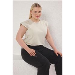 Bej Regular Fit %100 Pamuk Örme Büyük Beden T-shirt TBBSS25BF00004
