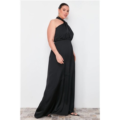 Siyah Halter Yaka Saten Maxi/Uzun Boy Büyük Beden Party/Mezuniyet/Abiye Elbise TBBSS24AH00150