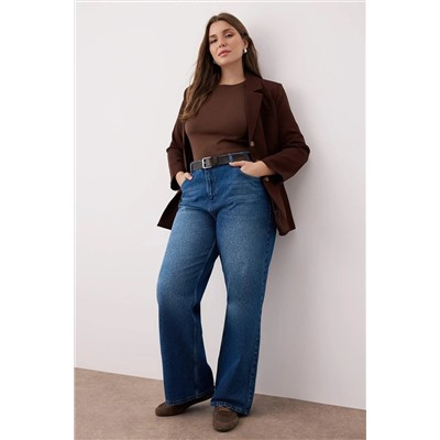 Koyu Mavi Yüksek Bel Geniş Paça Wide Leg Büyük Beden Jeans TBBAW26CJ00041