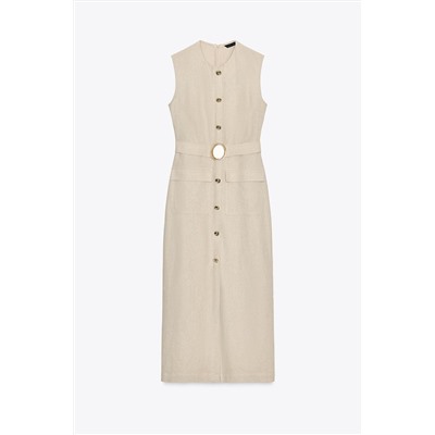 LINEN BLEND BUCKLE MIDI DRESS