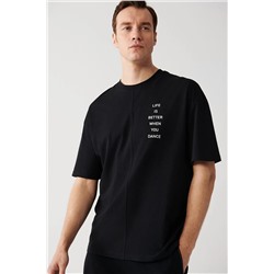 Avva Erkek Siyah Oversize %100 Pamuk Bisiklet Yaka Slogan Baskılı T-shirt A31y1178 A31Y1178