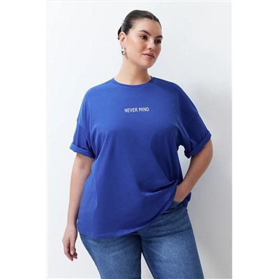 Saks Slogan Baskılı Oversize %100 Pamuk Örme Büyük Beden T-shirt TBBSS24BF00018