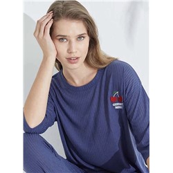 Siyah İnci lacivert Soft Touch İnce Örme Nakışlı Pijama Takım 7626