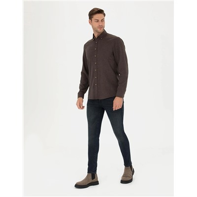 Kahverengi Slim Fit Uzun Kollu Gömlek