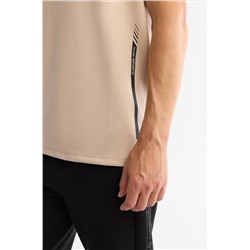 Bej Bisiklet Yaka Baskılı Elastan T-Shirt