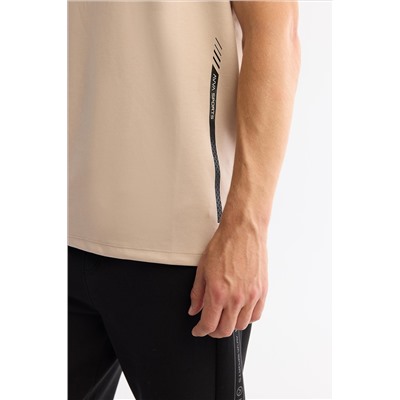 Bej Bisiklet Yaka Baskılı Elastan T-Shirt