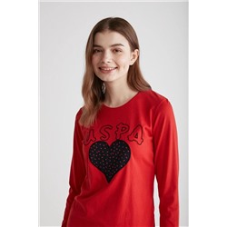 U.S. Polo Assn. Kadın %100 Pamuklu Kırmızı & Lacivert Kalp Desenli Düz Paça Yuvarlak Yaka 2'li Pijama Takımı 26967