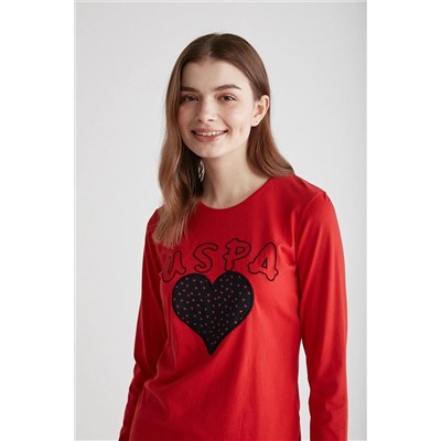 U.S. Polo Assn. Kadın %100 Pamuklu Kırmızı & Lacivert Kalp Desenli Düz Paça Yuvarlak Yaka 2'li Pijama Takımı 26967