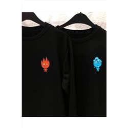 BYMEERSiyah Çift Kombini Ateş Ve Su Baskılı Bisiklet Yaka Sweatshirt
