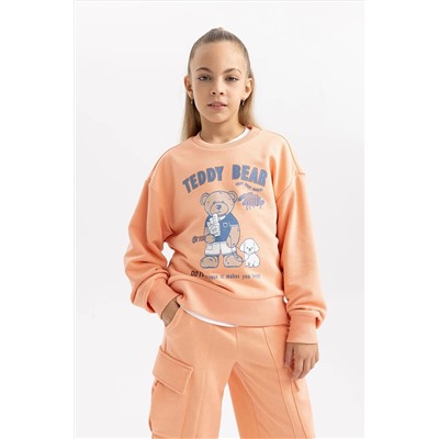 Defacto Kız Çocuk Baskılı Bisiklet Yaka İçi Yumuşak Tüylü Kalın Sweatshirt B4083A823WN