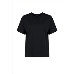 Siyah Bisiklet Yaka Baskılı %100 Pamuk Örme T-Shirt TBBSS23BF00024