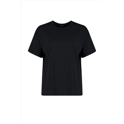 Siyah Bisiklet Yaka Baskılı %100 Pamuk Örme T-Shirt TBBSS23BF00024