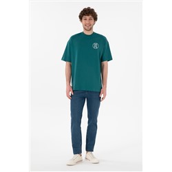 Erkek Oversize Fit Bisiklet Yaka Koyu Yeşil Tişört