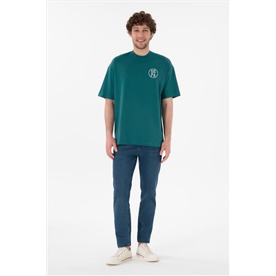 Erkek Oversize Fit Bisiklet Yaka Koyu Yeşil Tişört
