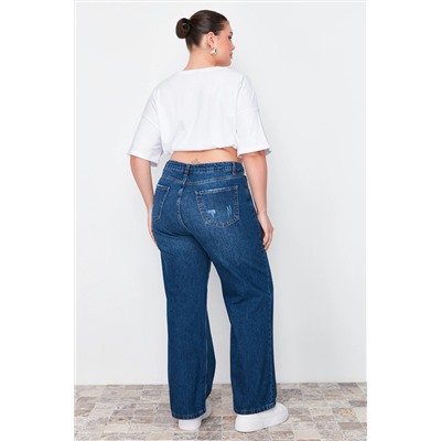 Koyu Mavi Yüksek Bel Destroylu Geniş Paça Büyük Beden Wide Leg Jeans TBBSS22JE00006