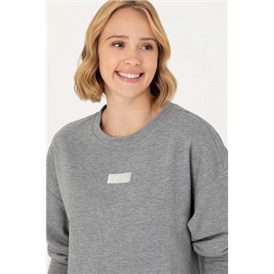 Kadın Gri Melanj Bisiklet Yaka Basic Sweatshirt