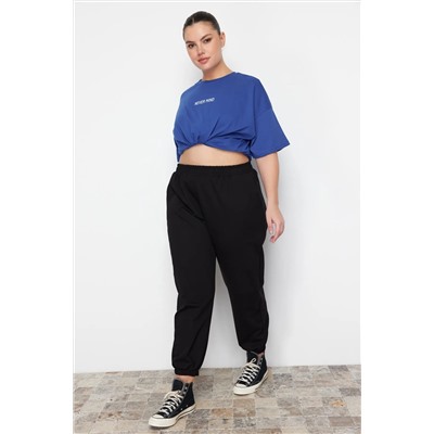 Siyah Loose Jogger İnce Paçası Lastikli Esnek Bel Örme Büyük Beden Eşofman Altı TBBAW23AJ00002