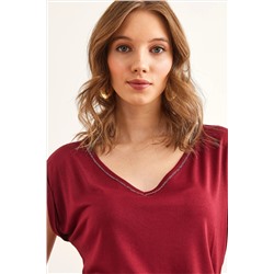 Olalook Kadın Bordo Gümüş Dikiş Detaylı V Yaka Örme Viskon Bluz BLZ-19002659