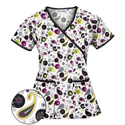 UA Party Paisley White Mock Wrap Print Scrub Top