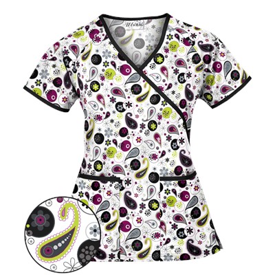 UA Party Paisley White Mock Wrap Print Scrub Top