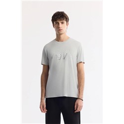Avva, Erkek Açık Gri Bisiklet Yaka Baskılı Shoft Touch, Dökümlü, Rahat Görünüm, Flamlı T-shirt A51y1106