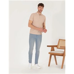 Bej Slim Fit Fermuarlı Polo Yaka Tişört