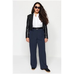 Lacivert Lastikli Yüksek Bel Pileli Wide Leg Dokuma Pantolon TBBSS22PL0448