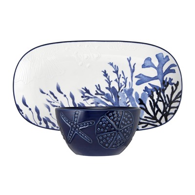 Набор, 2 пр, блюдо/салатник, керамика К, белое/синий, Синие кораллы, Blue Coral, 63289