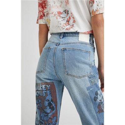 Pantalón vaquero straight cropped Mickey Mouse