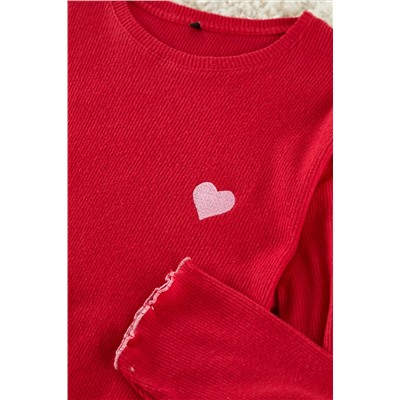 Kırmızı Fitilli Kalp Nakışlı Örme Pijama Takımı TBBAW25AI00081